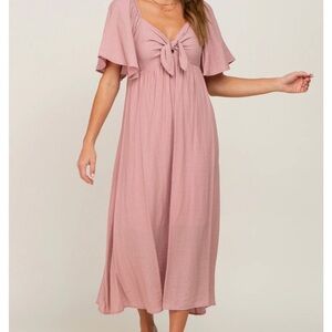 Mauve Front Tie Ruffle Sleeve Midi Dress